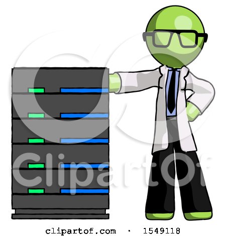 Green Doctor Scientist Man with Server Rack Leaning Confidently Against It by Leo Blanchette