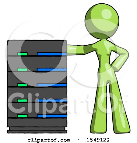 Green Design Mascot Woman with Server Rack Leaning Confidently Against It by Leo Blanchette