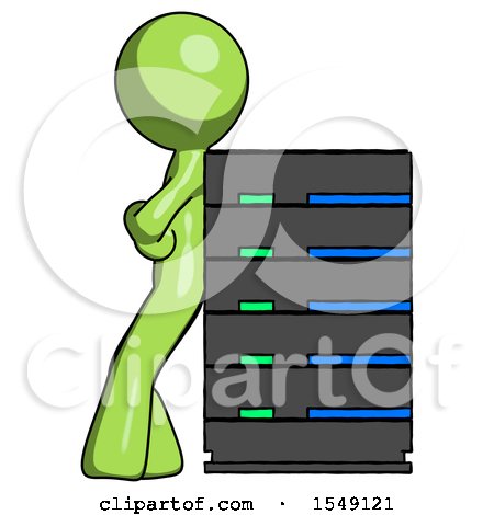 Green Design Mascot Man Resting Against Server Rack by Leo Blanchette