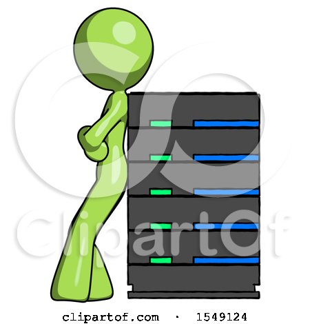 Green Design Mascot Woman Resting Against Server Rack by Leo Blanchette
