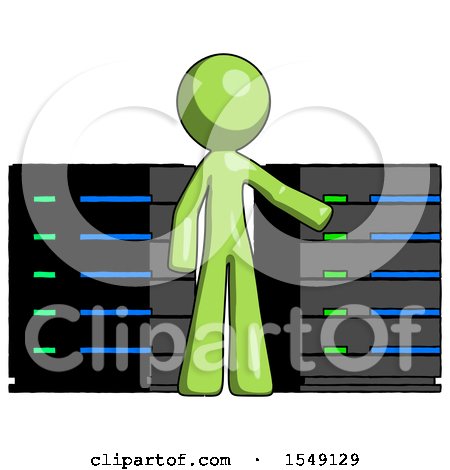 Green Design Mascot Man with Server Racks, in Front of Two Networked Systems by Leo Blanchette