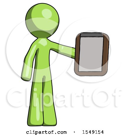 Green Design Mascot Man Showing Clipboard to Viewer by Leo Blanchette