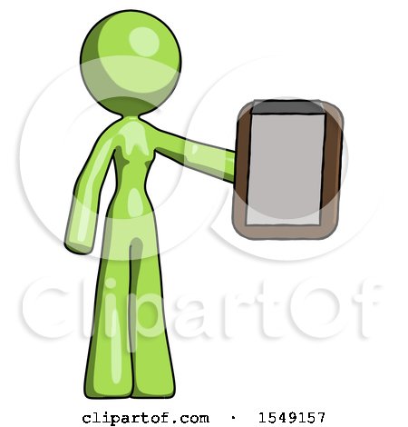 Green Design Mascot Woman Showing Clipboard to Viewer by Leo Blanchette