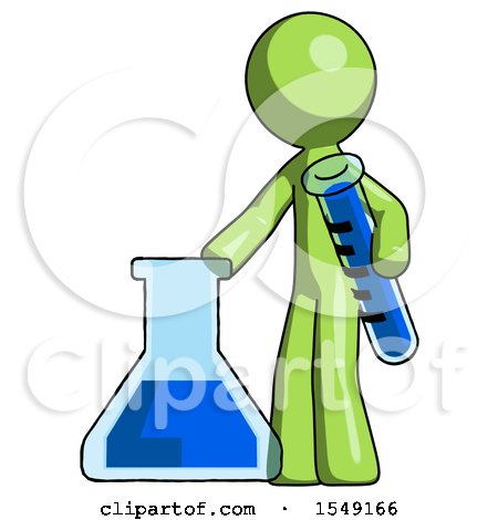 Green Design Mascot Man Holding Test Tube Beside Beaker or Flask by Leo Blanchette