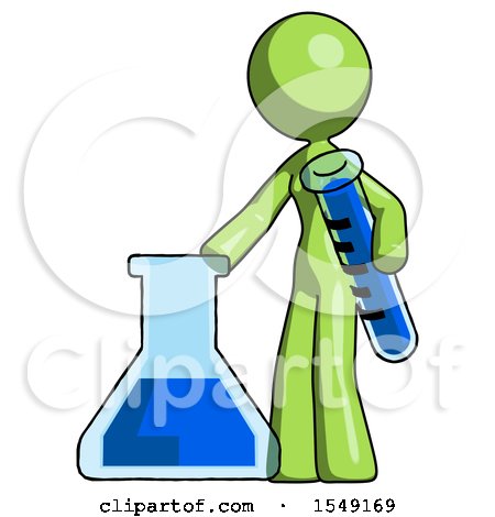 Green Design Mascot Woman Holding Test Tube Beside Beaker or Flask by Leo Blanchette