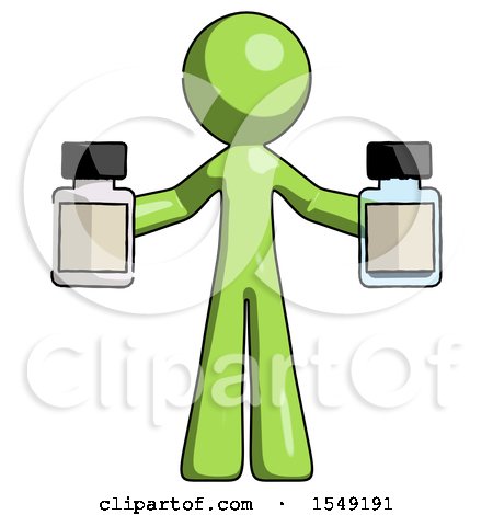 Green Design Mascot Man Holding Two Medicine Bottles by Leo Blanchette