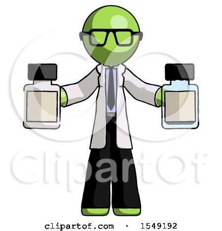 Green Doctor Scientist Man Holding Two Medicine Bottles by Leo Blanchette