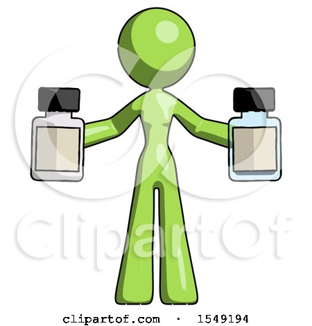 Green Design Mascot Woman Holding Two Medicine Bottles by Leo Blanchette
