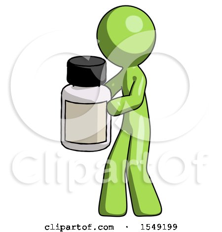 Green Design Mascot Man Holding White Medicine Bottle by Leo Blanchette