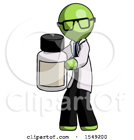 Green Doctor Scientist Man Holding White Medicine Bottle by Leo Blanchette