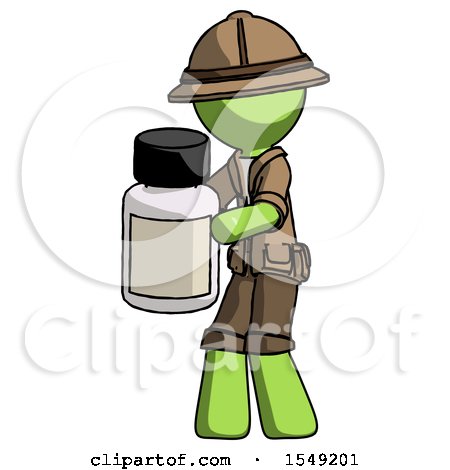 Green Explorer Ranger Man Holding White Medicine Bottle by Leo Blanchette