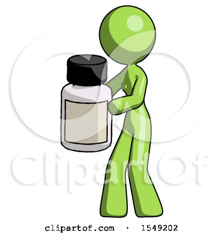 Green Design Mascot Woman Holding White Medicine Bottle by Leo Blanchette