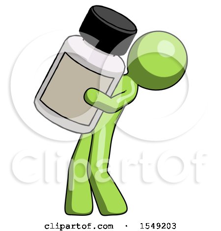 Green Design Mascot Man Holding Large White Medicine Bottle by Leo Blanchette