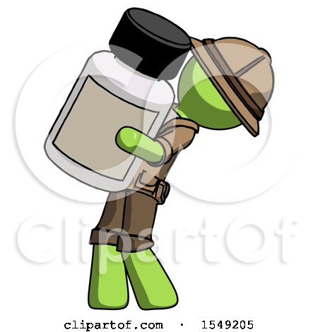 Green Explorer Ranger Man Holding Large White Medicine Bottle by Leo Blanchette