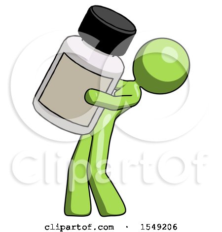 Green Design Mascot Woman Holding Large White Medicine Bottle by Leo Blanchette