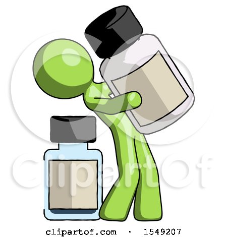 Green Design Mascot Man Holding Large White Medicine Bottle with Bottle in Background by Leo Blanchette