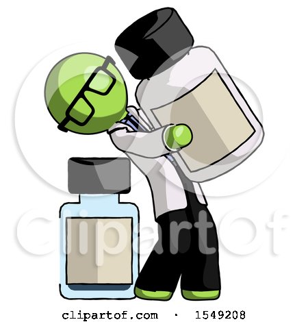 Green Doctor Scientist Man Holding Large White Medicine Bottle with Bottle in Background by Leo Blanchette