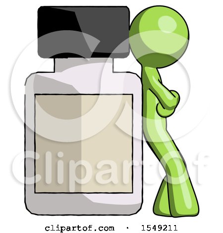 Green Design Mascot Man Leaning Against Large Medicine Bottle by Leo Blanchette