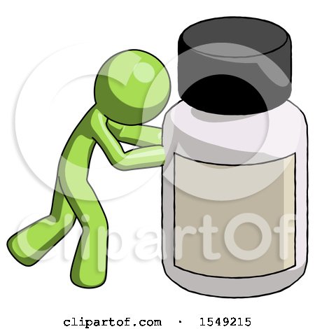 Green Design Mascot Man Pushing Large Medicine Bottle by Leo Blanchette
