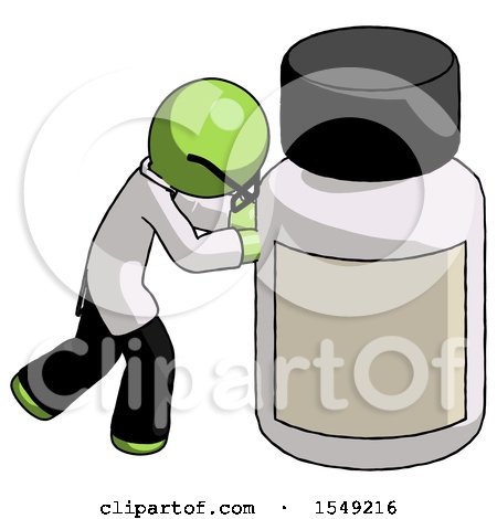 Green Doctor Scientist Man Pushing Large Medicine Bottle by Leo Blanchette