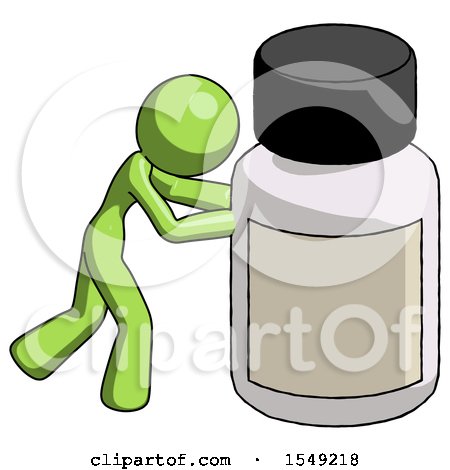 Green Design Mascot Woman Pushing Large Medicine Bottle by Leo Blanchette