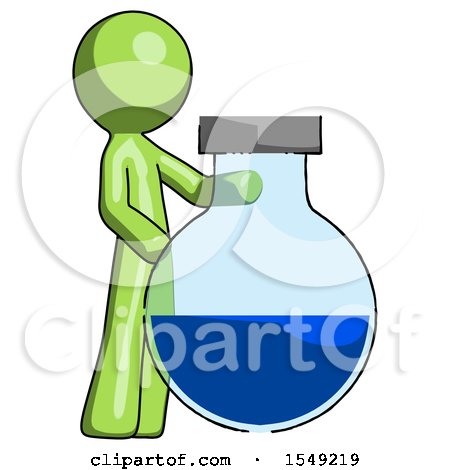 Green Design Mascot Man Standing Beside Large Round Flask or Beaker by Leo Blanchette