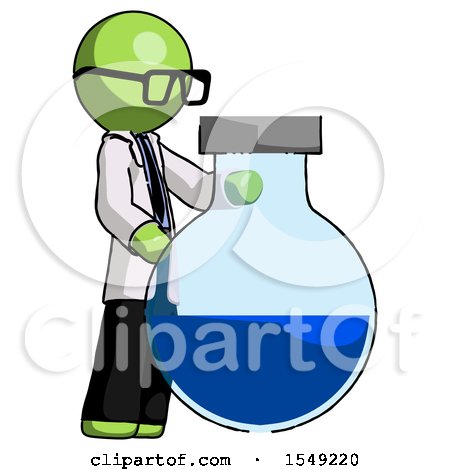 Green Doctor Scientist Man Standing Beside Large Round Flask or Beaker by Leo Blanchette