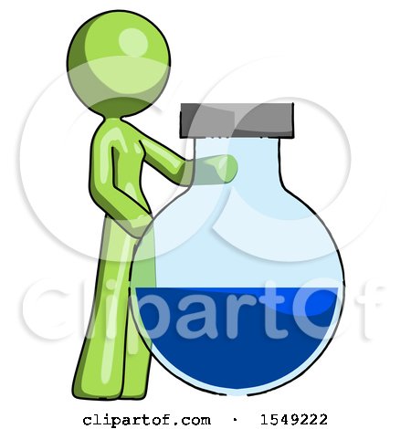 Green Design Mascot Woman Standing Beside Large Round Flask or Beaker by Leo Blanchette
