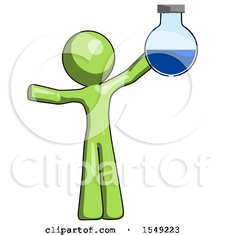 Green Design Mascot Man Holding Large Round Flask or Beaker by Leo Blanchette