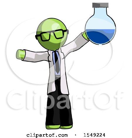 Green Doctor Scientist Man Holding Large Round Flask or Beaker by Leo Blanchette