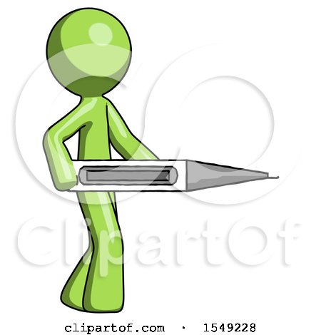 Green Design Mascot Man Walking with Large Thermometer by Leo Blanchette