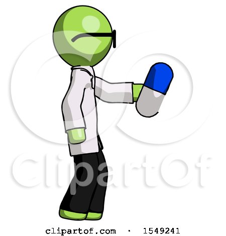 Green Doctor Scientist Man Holding Blue Pill Walking to Right by Leo Blanchette