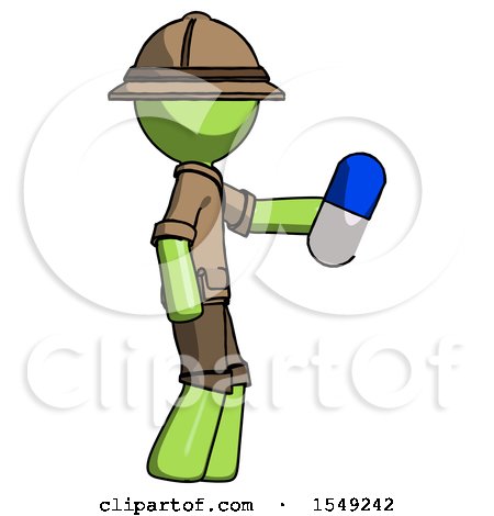 Green Explorer Ranger Man Holding Blue Pill Walking to Right by Leo Blanchette