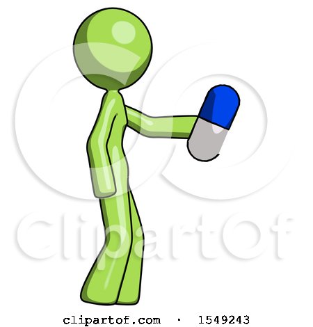 Green Design Mascot Woman Holding Blue Pill Walking to Right by Leo Blanchette