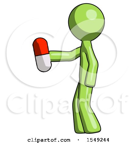 Green Design Mascot Man Holding Red Pill Walking to Left by Leo Blanchette