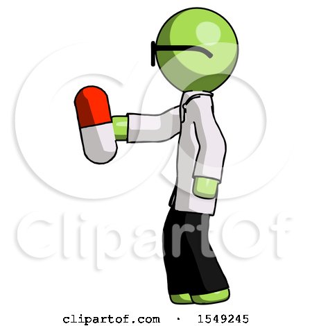 Green Doctor Scientist Man Holding Red Pill Walking to Left by Leo Blanchette