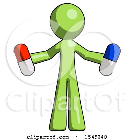 Green Design Mascot Man Holding a Red Pill and Blue Pill by Leo Blanchette