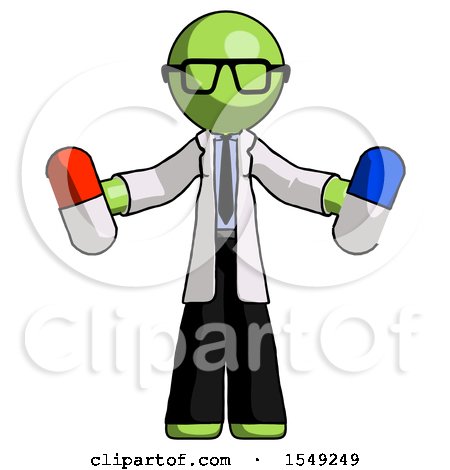 Green Doctor Scientist Man Holding a Red Pill and Blue Pill by Leo Blanchette