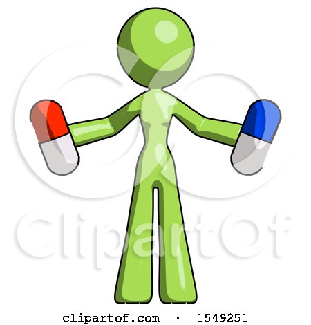 Green Design Mascot Woman Holding a Red Pill and Blue Pill by Leo Blanchette