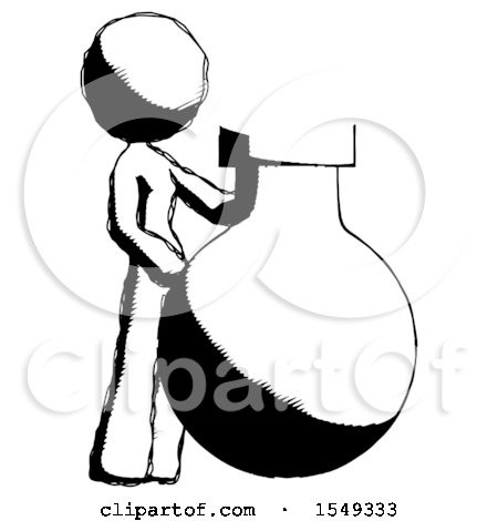 Ink Design Mascot Woman Standing Beside Large Round Flask or Beaker by Leo Blanchette