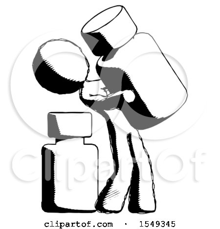 Ink Design Mascot Woman Holding Large White Medicine Bottle with Bottle in Background by Leo Blanchette