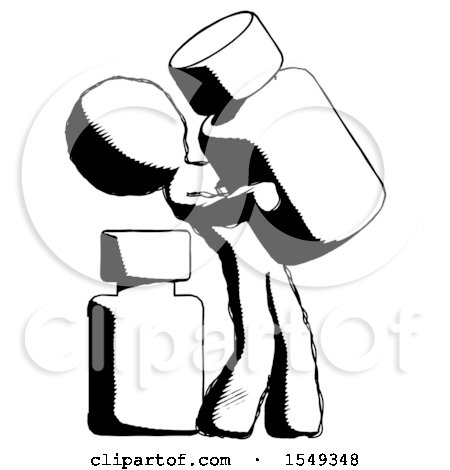 Ink Design Mascot Man Holding Large White Medicine Bottle with Bottle in Background by Leo Blanchette
