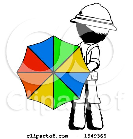 Ink Explorer Ranger Man Holding Rainbow Umbrella out to Viewer by Leo Blanchette