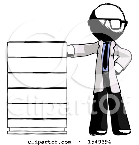 Ink Doctor Scientist Man with Server Rack Leaning Confidently Against It by Leo Blanchette