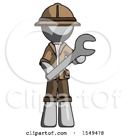 Gray Explorer Ranger Man Holding Large Wrench with Both Hands by Leo Blanchette