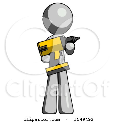 Gray Design Mascot Man Holding Large Drill by Leo Blanchette