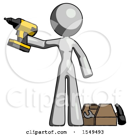Gray Design Mascot Woman Holding Drill Ready to Work, Toolchest and Tools to Right by Leo Blanchette