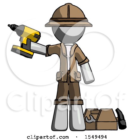 Gray Explorer Ranger Man Holding Drill Ready to Work, Toolchest and Tools to Right by Leo Blanchette