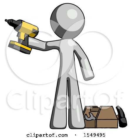 Gray Design Mascot Man Holding Drill Ready to Work, Toolchest and Tools to Right by Leo Blanchette