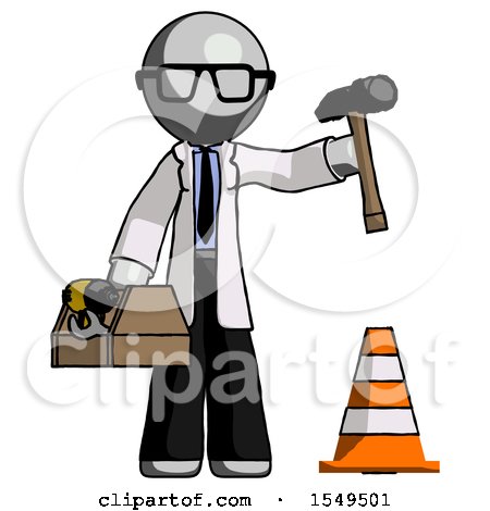 Gray Doctor Scientist Man Under Construction Concept, Traffic Cone and Tools by Leo Blanchette